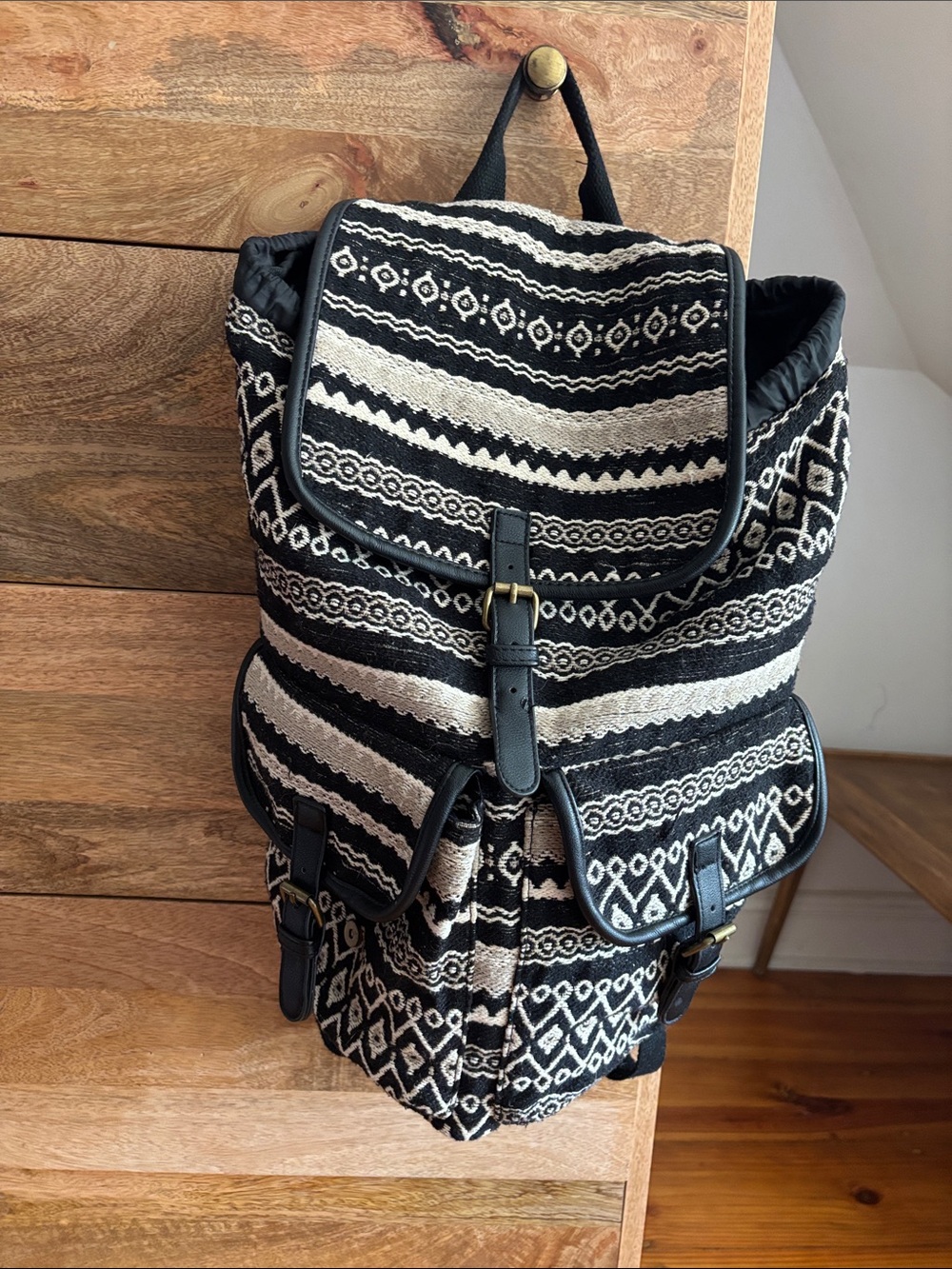 Mossimo Supply Co Tribal Aztec Backpack Black White Canvas Faux Leather Trim